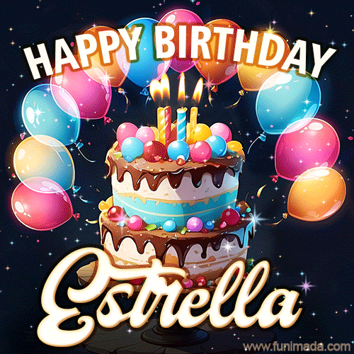Hand-drawn happy birthday cake adorned with an arch of colorful balloons - name GIF for Estrella