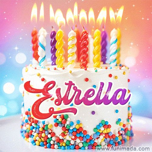 Personalized for Estrella elegant birthday cake adorned with rainbow sprinkles, colorful candles and glitter