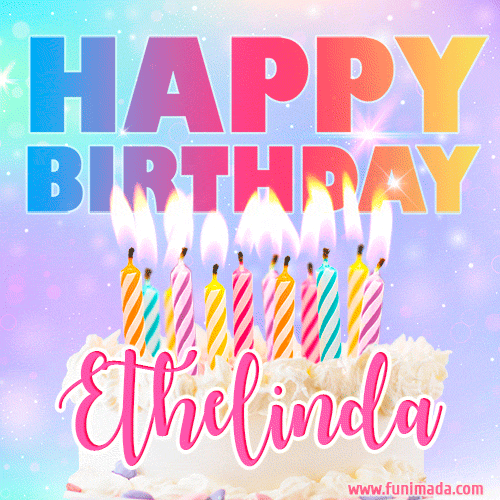 Animated Happy Birthday Cake with Name Ethelinda and Burning Candles