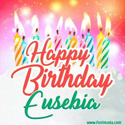Happy Birthday GIF for Eusebia with Birthday Cake and Lit Candles