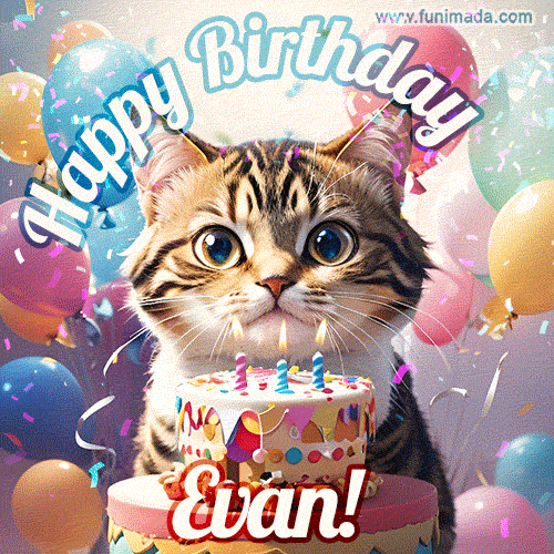Happy birthday gif for Evan with cat and cake