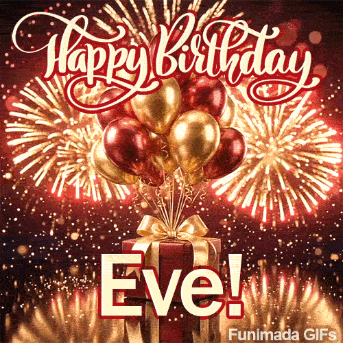 Close-up of a luxurious red gift box with a wide golden ribbon and metallic balloons around the base of the fireworks and name Eve