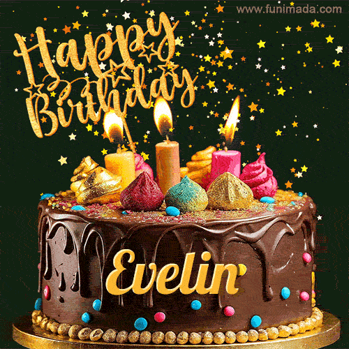A delightful chocolate birthday cake with bright candles and 'Happy Birthday Evelin' written in gold amidst a shower of animated stars.