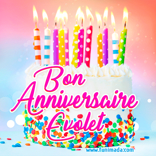 A white birthday cake covered in colorful sprinkles, topped with bright candles, and French text 'Bon Anniversaire Evolet' on a pastel gradient background in an animated GIF.