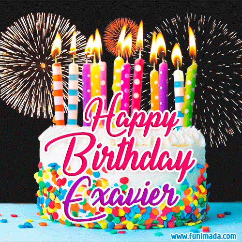 Amazing Animated GIF Image for Exavier with Birthday Cake and Fireworks