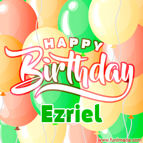 Happy Birthday Image for Ezriel. Colorful Birthday Balloons GIF Animation.