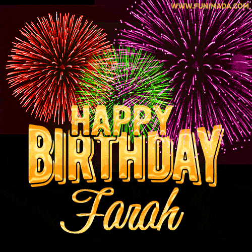 Wishing You A Happy Birthday, Farah! Best fireworks GIF animated greeting card.