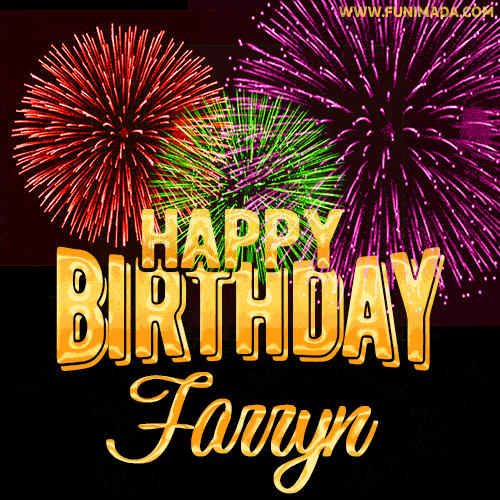 Wishing You A Happy Birthday, Farryn! Best fireworks GIF animated greeting card.