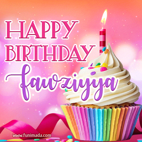 A vibrant birthday GIF featuring a rainbow-colored cupcake topped with white frosting, sprinkles, and a lit candle. The text reads 'Happy Birthday Fawziyya' in bold pink and violet letters with white outline.