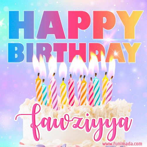 Animated Happy Birthday Cake with Name Fawziyya and Burning Candles