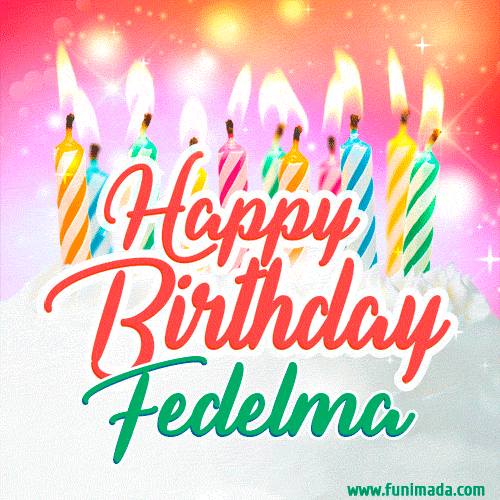Bright birthday candles with rainbow flames on a cake, alongside the text 'Happy Birthday Fedelma' in vibrant script in this celebratory animated GIF.