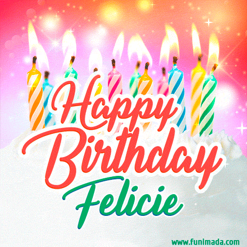 Bright birthday candles with rainbow flames on a cake, alongside the text 'Happy Birthday Felicie' in vibrant script in this celebratory animated GIF.