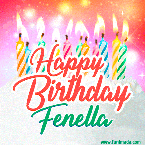 Happy Birthday GIF for Fenella with Birthday Cake and Lit Candles