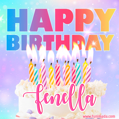 Animated Happy Birthday Cake with Name Fenella and Burning Candles
