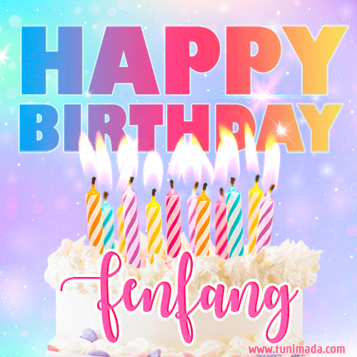 A vibrant animated name GIF with the words 'Happy Birthday Fenfang' with colorful candles on a creamy cake. The background sparkles with pastel shades, adding a festive touch.