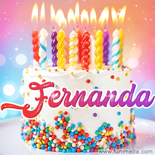 Personalized for Fernanda elegant birthday cake adorned with rainbow sprinkles, colorful candles and glitter
