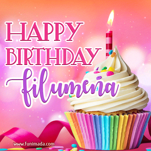 A vibrant birthday GIF featuring a rainbow-colored cupcake topped with white frosting, sprinkles, and a lit candle. The text reads 'Happy Birthday Filumena' in bold pink and violet letters with white outline.