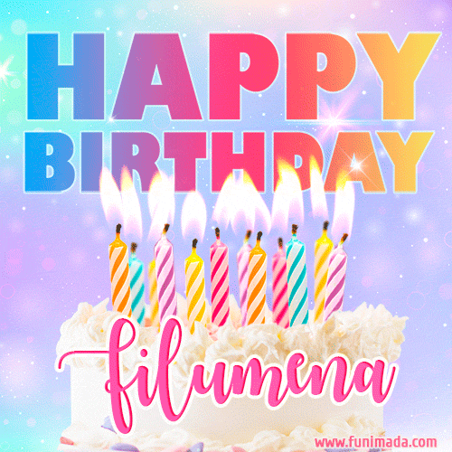 Animated Happy Birthday Cake with Name Filumena and Burning Candles