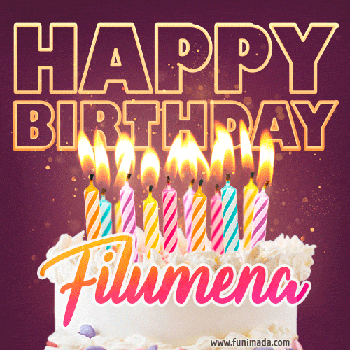 A colorful birthday cake topped with lit candles, with the words 'Happy Birthday Filumena' in bold glowing letters on a burgundy background. Animated flames add a festive touch.