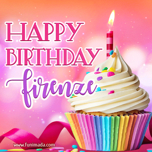 A vibrant birthday GIF featuring a rainbow-colored cupcake topped with white frosting, sprinkles, and a lit candle. The text reads 'Happy Birthday Firenze' in bold pink and violet letters with white outline.
