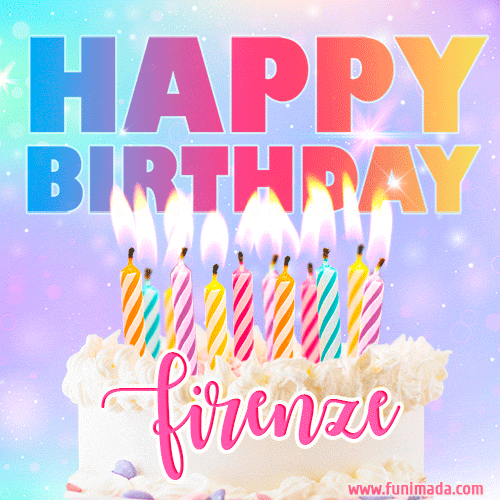 A vibrant animated name GIF with the words 'Happy Birthday Firenze' with colorful candles on a creamy cake. The background sparkles with pastel shades, adding a festive touch.