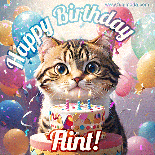 Happy birthday gif for Flint with cat and cake