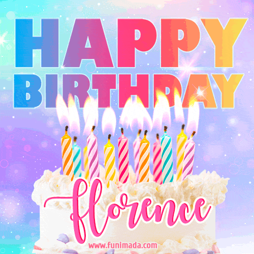 Animated Happy Birthday Cake with Name Florence and Burning Candles