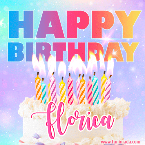 Animated Happy Birthday Cake with Name Florica and Burning Candles