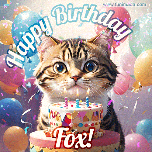Happy birthday gif for Fox with cat and cake