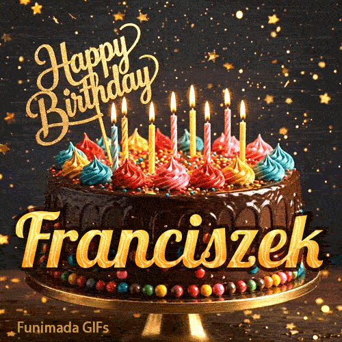 Close-up of colorful whipped cream toppings on a chocolate cake with flickering candles, custom-designed for Franciszek.