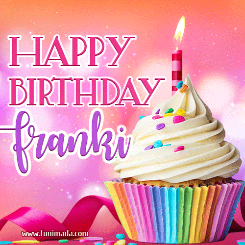 A vibrant birthday GIF featuring a rainbow-colored cupcake topped with white frosting, sprinkles, and a lit candle. The text reads 'Happy Birthday Franki' in bold pink and violet letters with white outline.