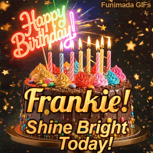 An animated birthday card featuring a detailed chocolate cake under falling gold dust, personalized for Frankie.