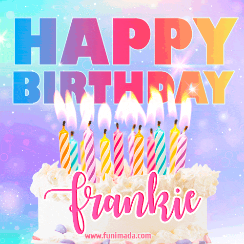 Animated Happy Birthday Cake with Name Frankie and Burning Candles
