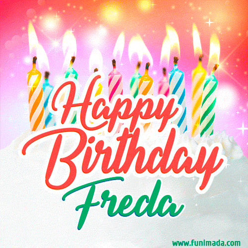 Happy Birthday GIF for Freda with Birthday Cake and Lit Candles
