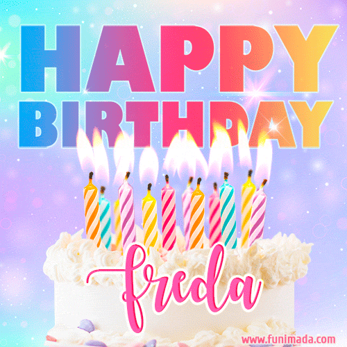 Animated Happy Birthday Cake with Name Freda and Burning Candles