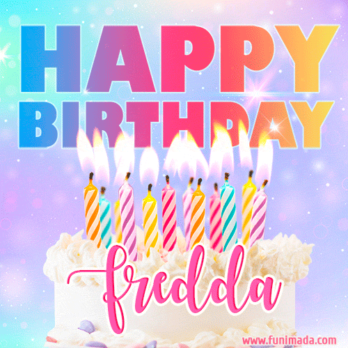A vibrant animated name GIF with the words 'Happy Birthday Fredda' with colorful candles on a creamy cake. The background sparkles with pastel shades, adding a festive touch.