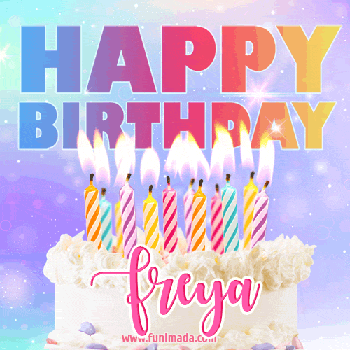 Animated Happy Birthday Cake with Name Freya and Burning Candles