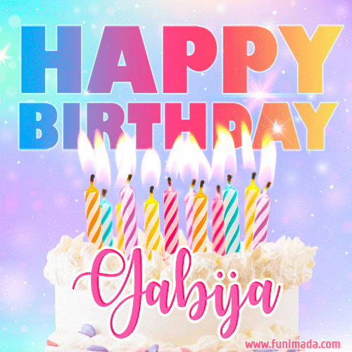 Animated Happy Birthday Cake with Name Gabija and Burning Candles