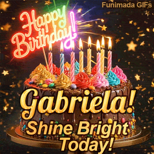 Close-up of a chocolate birthday cake with multicolored frosting swirls and colorful candy beads around the gold base. Gabriela