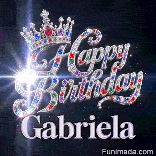 A luxury silver queen crown with colorful gems sitting on top of shiny diamond-encrusted cursive letters spelling Happy Birthday.Gabriela