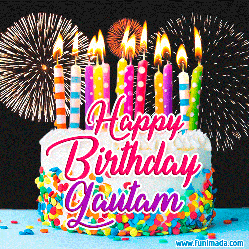 Amazing Animated GIF Image for Gautam with Birthday Cake and Fireworks