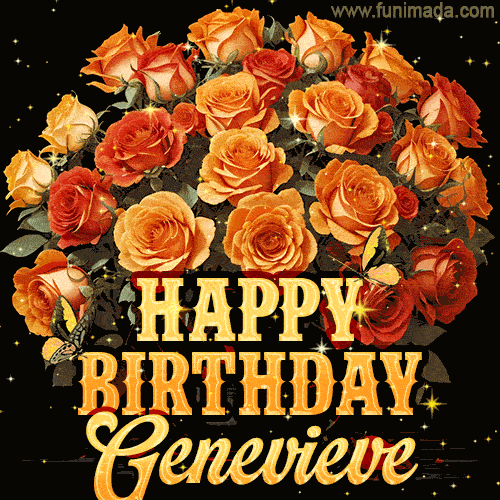 Beautiful bouquet of orange and red roses for Genevieve, golden inscription and twinkling stars
