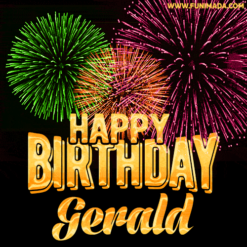 Wishing You A Happy Birthday, Gerald! Best fireworks GIF animated greeting card.
