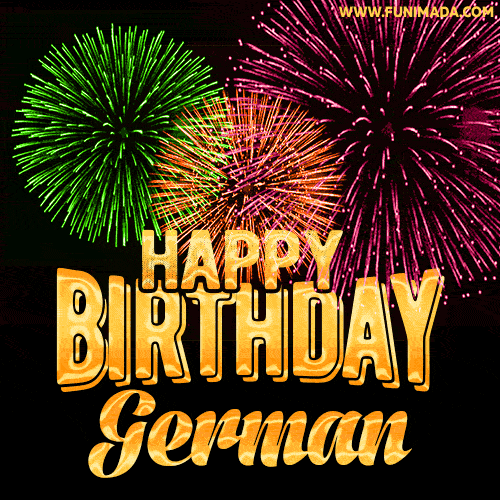 Wishing You A Happy Birthday, German! Best fireworks GIF animated greeting card.