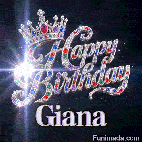 A personalized greeting card for Giana featuring a silver queen crown decorated with multicolored crystals.