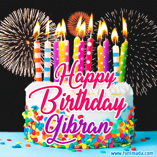 Amazing Animated GIF Image for Gibran with Birthday Cake and Fireworks