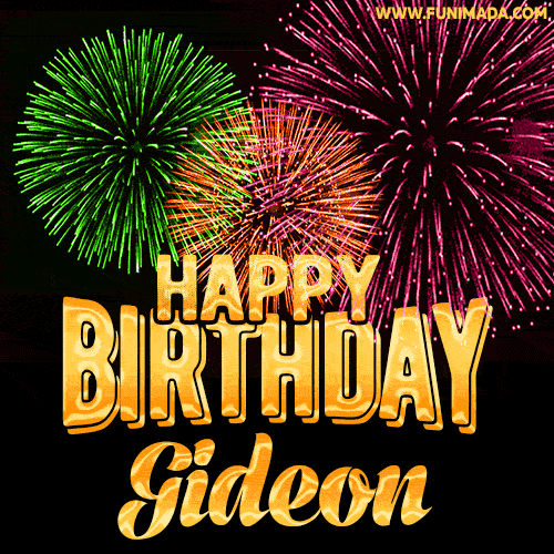 Wishing You A Happy Birthday, Gideon! Best fireworks GIF animated greeting card.
