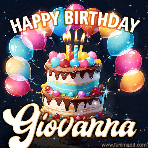 Hand-drawn happy birthday cake adorned with an arch of colorful balloons - name GIF for Giovanna