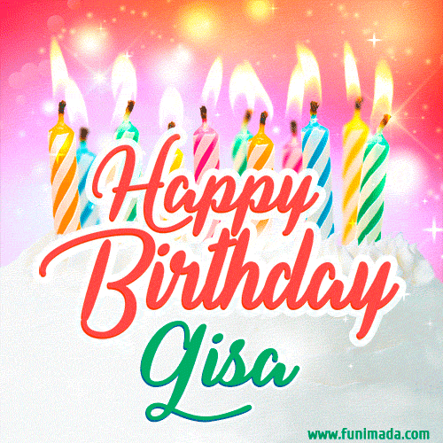 Bright birthday candles with rainbow flames on a cake, alongside the text 'Happy Birthday Gisa' in vibrant script in this celebratory animated GIF.