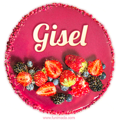 Beautifully decorated red velvet berry birthday cake with vibrant fruits and a glowing 'Gisel' name, adding a touch of sweetness and sparkle.